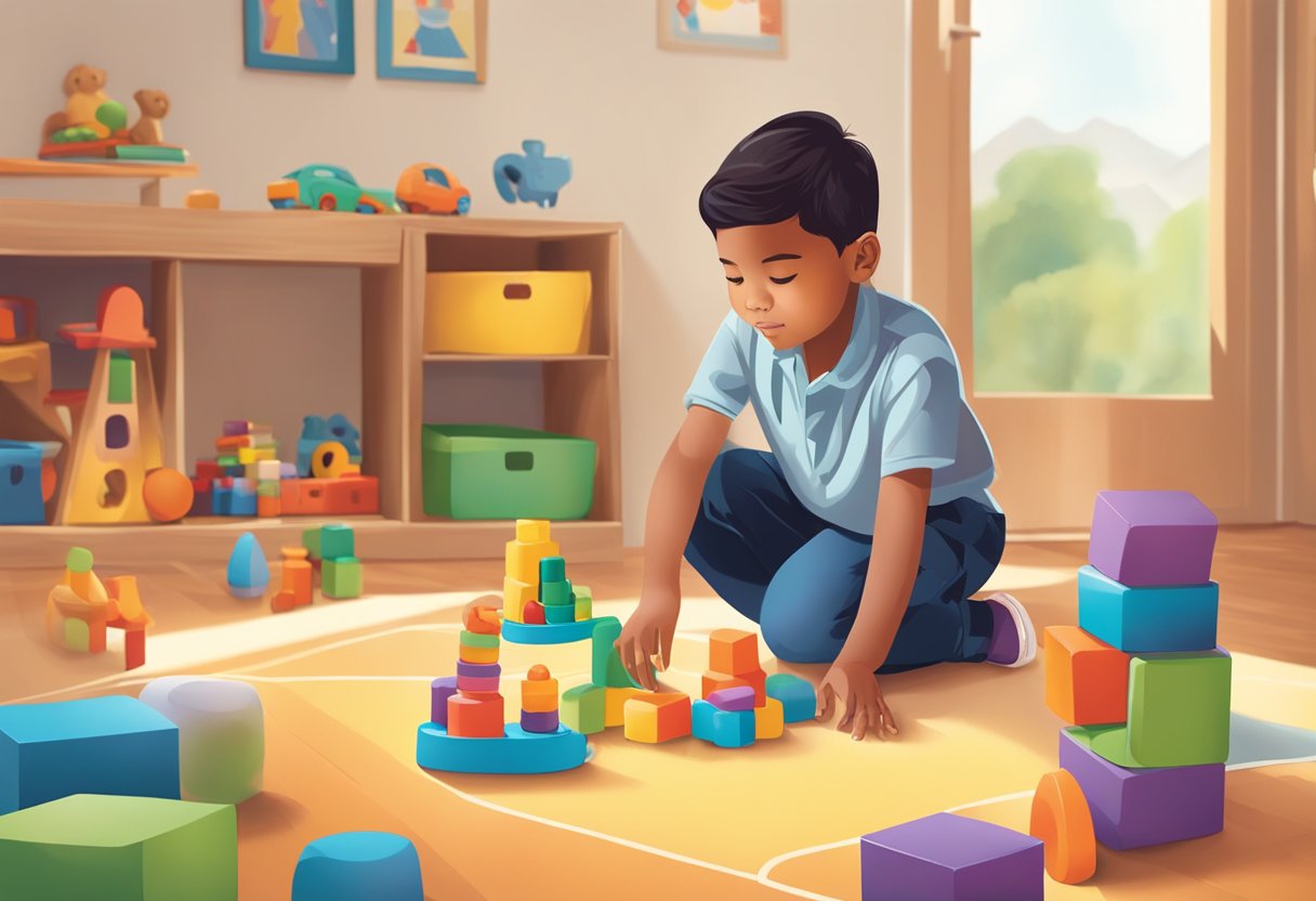 Parental Guidance: Seamlessly Blending Educational Toys into Daily Child Routines Educational Toys,Daily Routines LearningMole Educational toys placed strategically in a child's play area, with a parent observing and guiding from a distance. The child is engaged in independent play, demonstrating autonomy