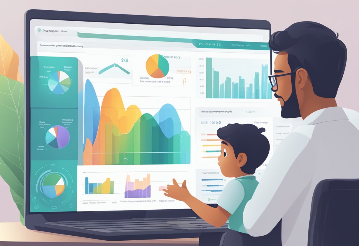 A computer screen displays graphs and data charts, showing progress in science and math. A parent looks on as the child's online learning journey is monitored and assessed