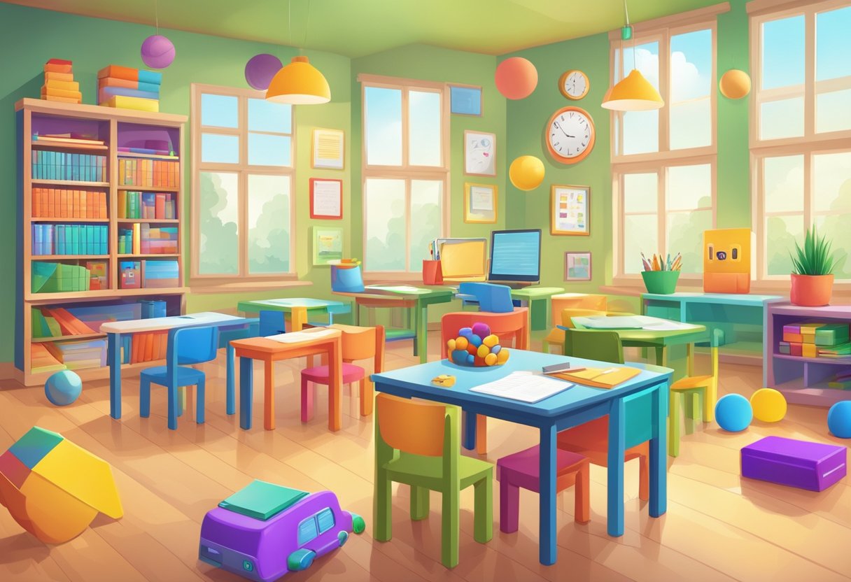 A colorful classroom with various learning materials and toys arranged in an organized manner. A computer or tablet displaying an online learning platform for monitoring and assessing children's progress