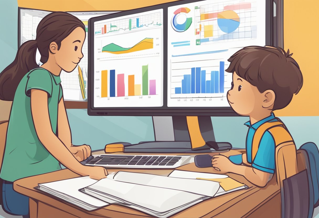 A computer screen displays a child's progress tracking chart with colorful graphs and charts. A parent sits nearby, observing and taking notes