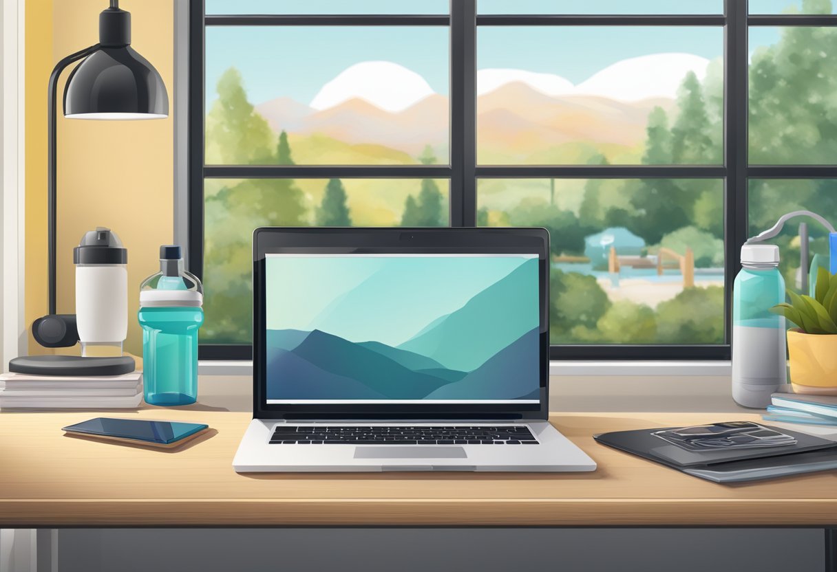 A student desk with a laptop, water bottle, and exercise equipment nearby. A timer set for a break, and a window showing outdoor scenery
