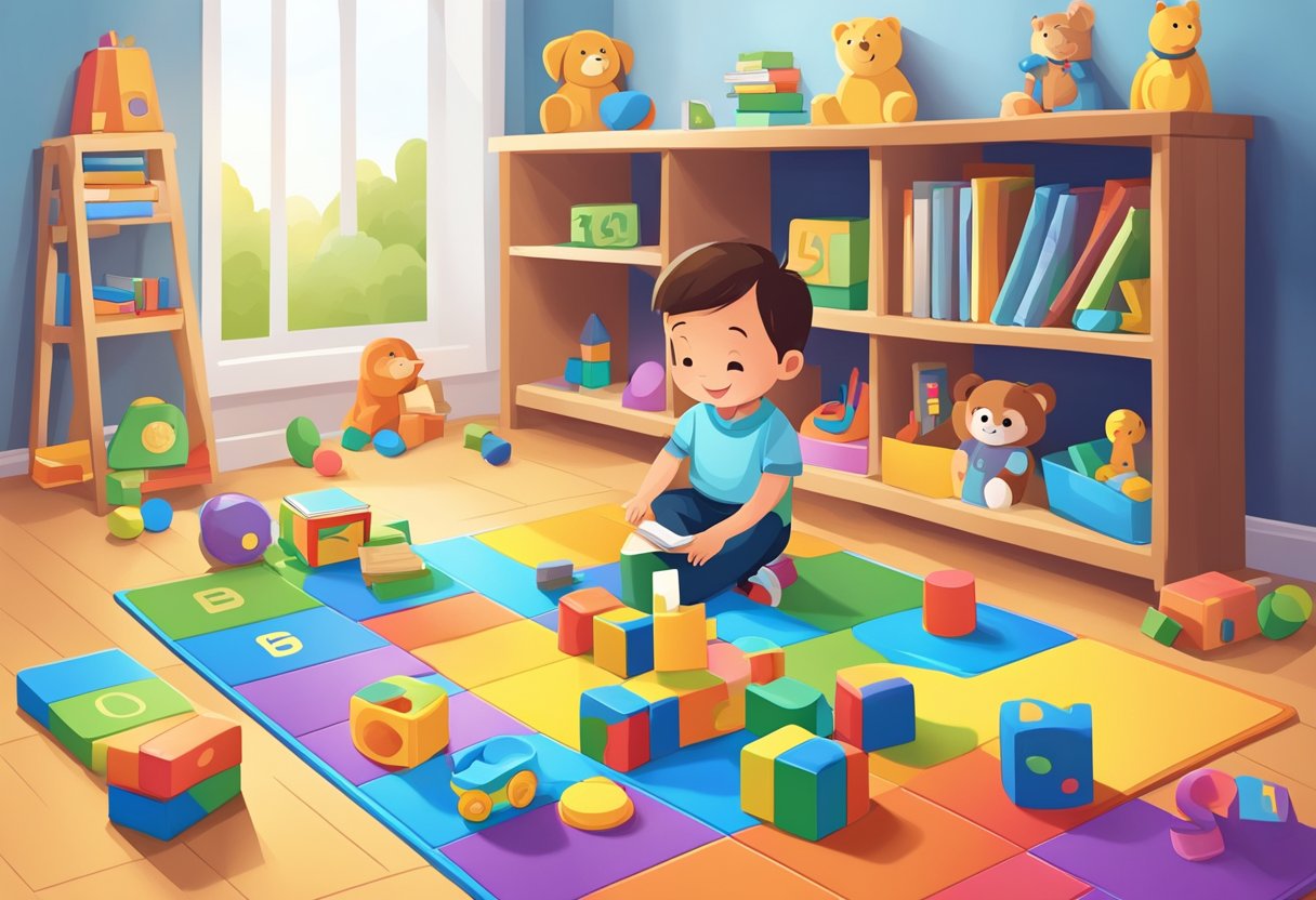 Parental Guidance: Seamlessly Blending Educational Toys into Daily Child Routines Educational Toys,Daily Routines LearningMole A child's play area with educational toys integrated into daily routines: a colorful alphabet puzzle on the floor, a stack of number blocks on a shelf, and a parent reading a book with the child