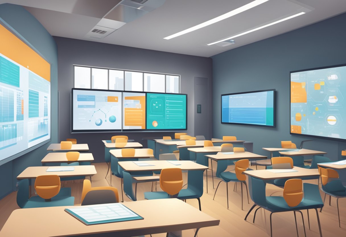 A futuristic classroom with digital screens and interactive devices for online assessment