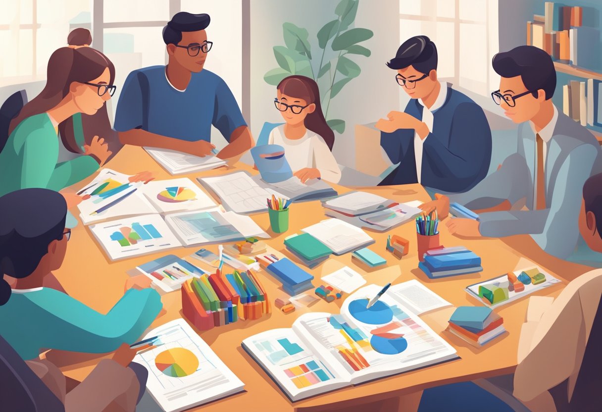 A table filled with various toys, books, and educational materials. Experts discussing and evaluating the items. Charts and graphs displayed in the background