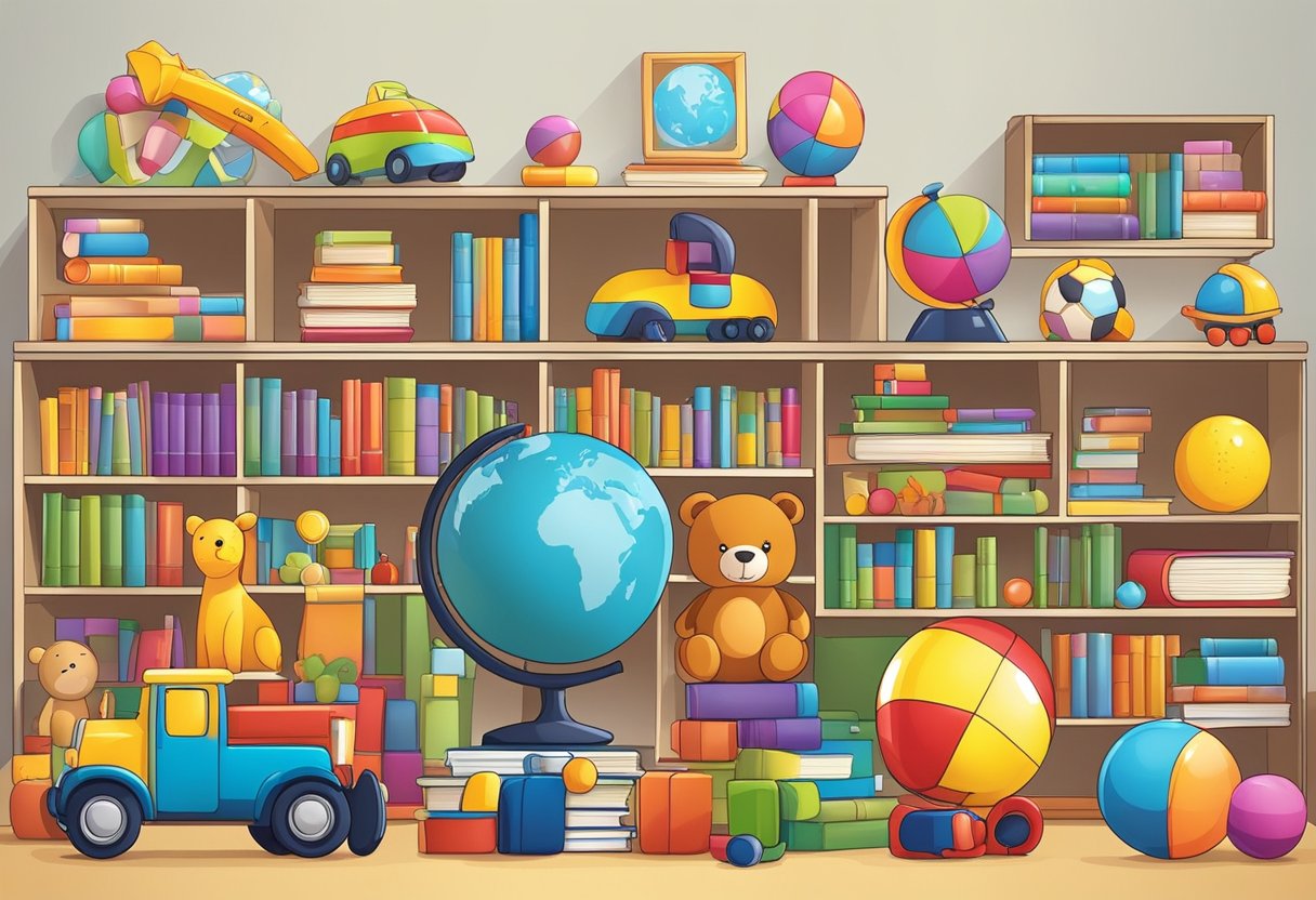 An array of toys displayed with educational labels. Books and experts' quotes in the background
