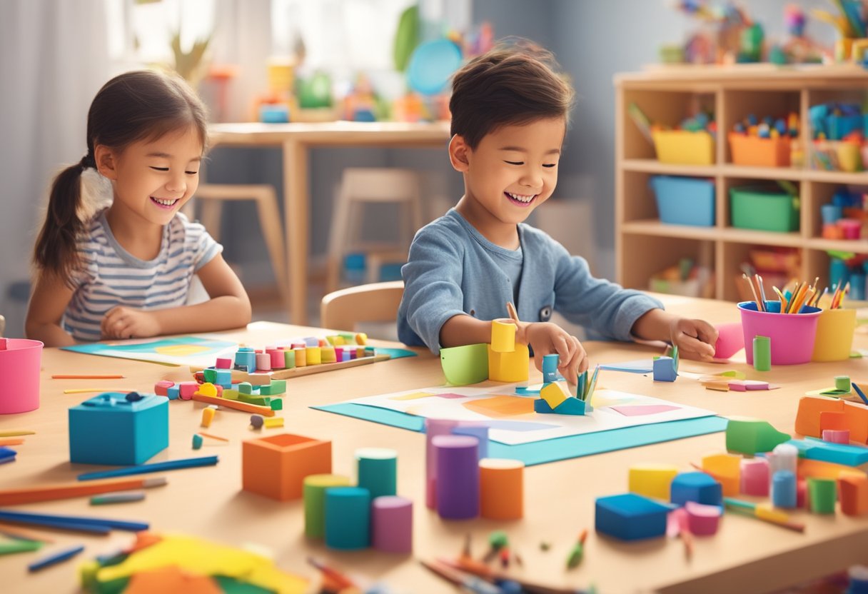 Children happily creating with colorful arts and crafts toys in a bright, organized play area surrounded by drawings and paintings