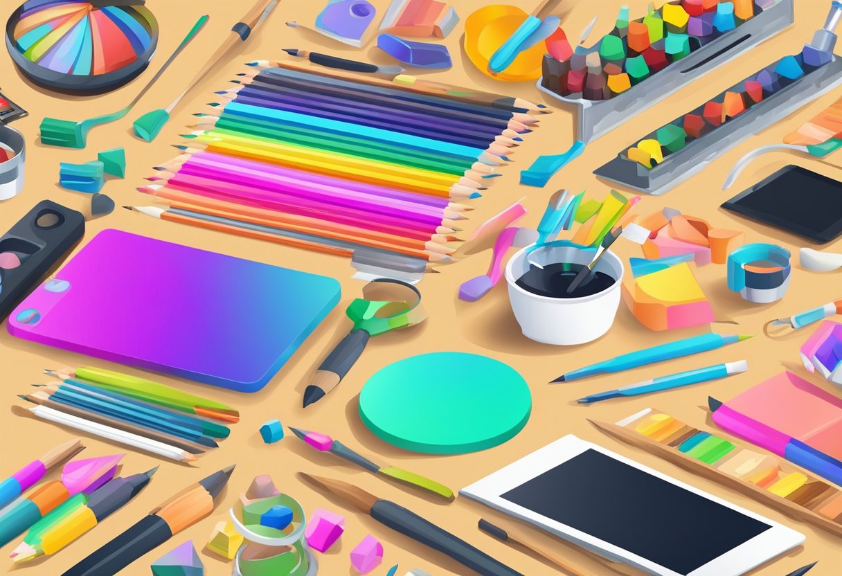 Colorful art supplies and digital devices arranged on a table, surrounded by arts and crafts toys. A mix of traditional and modern tools for creative expression