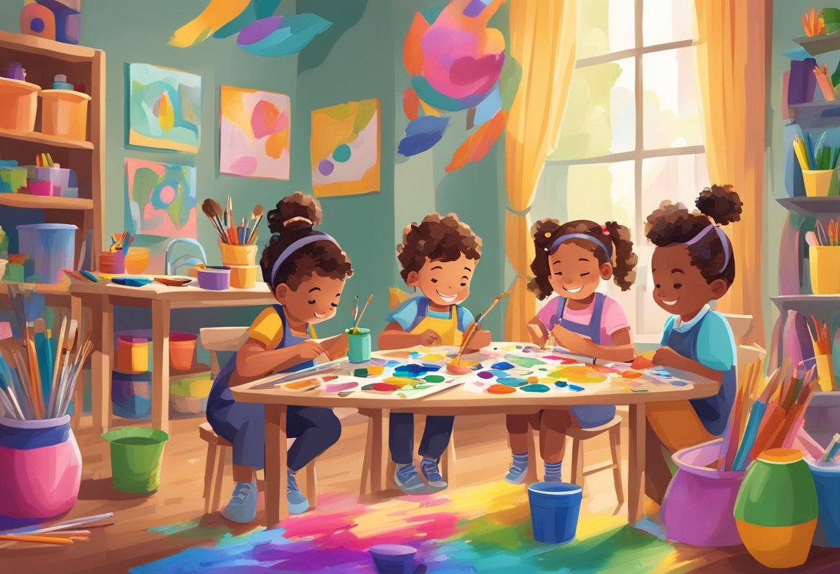 Children happily painting and crafting at a table surrounded by colorful art supplies and toys. Bright, cheerful atmosphere with a focus on creativity and self-expression