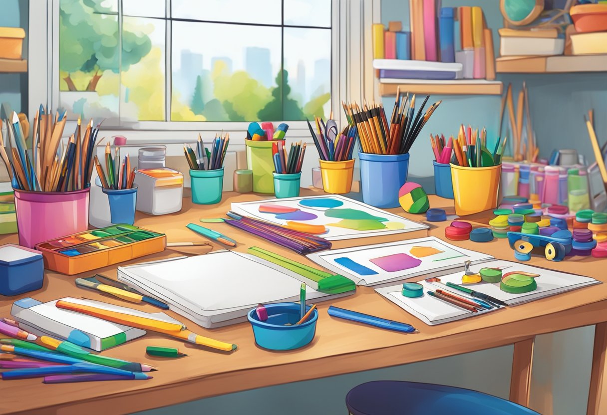 A table with organized art supplies, clean work surfaces, and a variety of arts and crafts toys neatly displayed for easy access