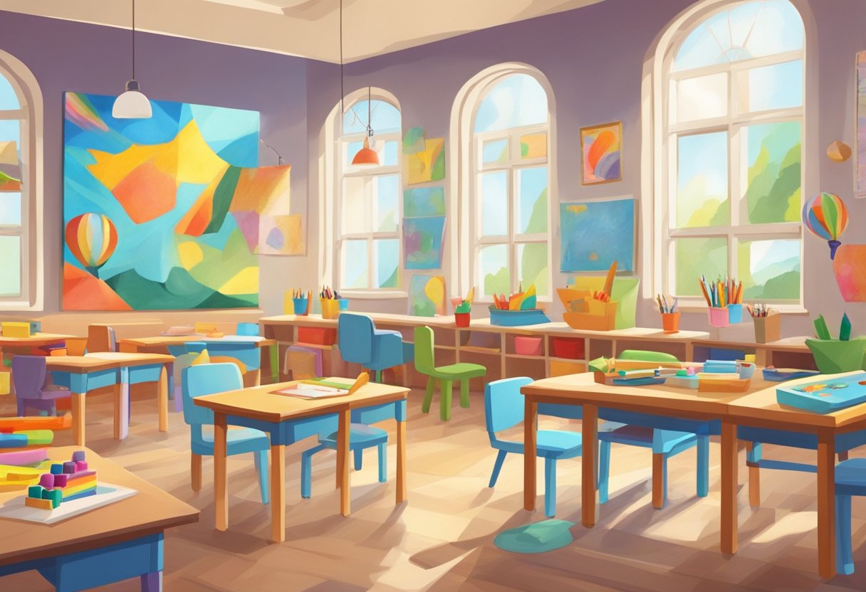 A colorful classroom with art supplies and educational toys scattered on tables. Children's artwork displayed on the walls, showcasing creativity and learning
