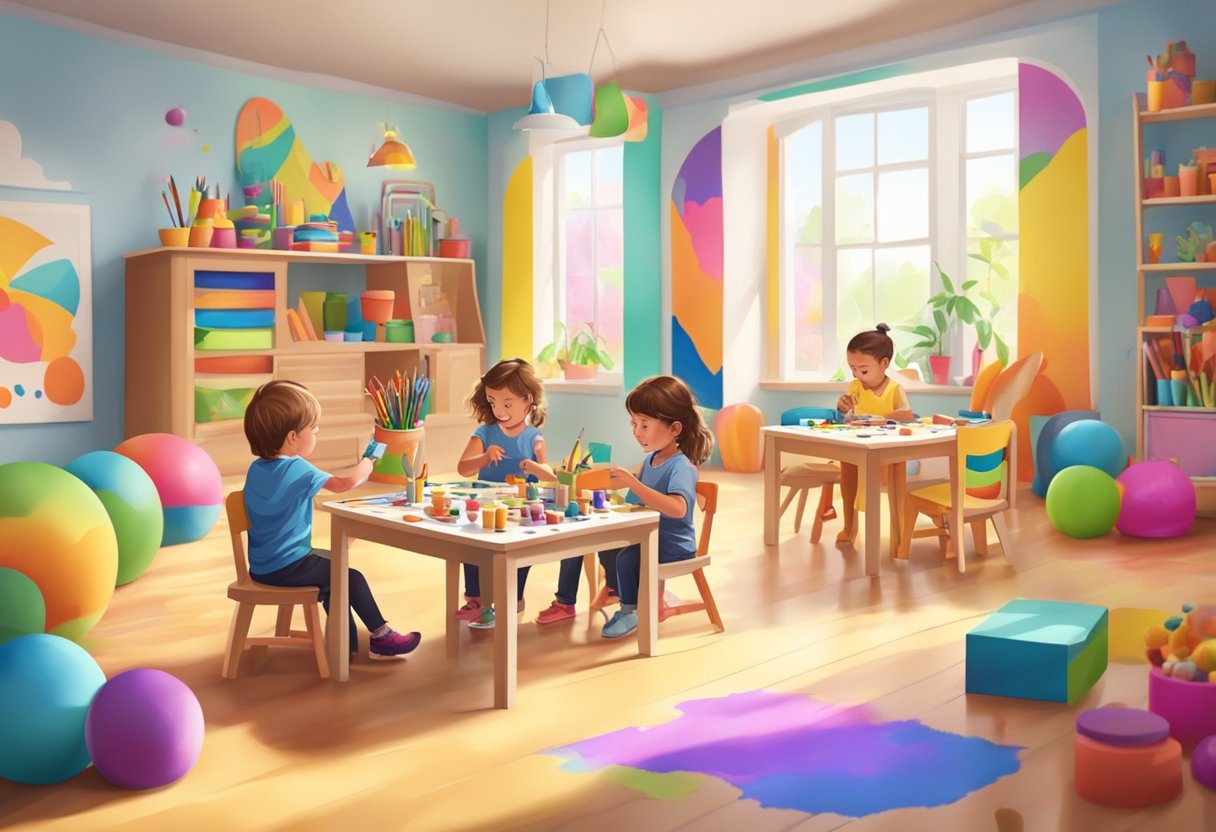 Children happily painting and sculpting with colorful arts and crafts toys in a bright and spacious playroom