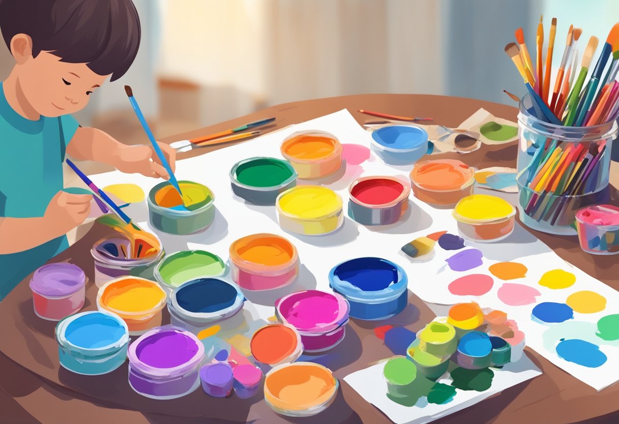 Colorful paints, brushes, markers, and paper scattered on a table. A child's hands reaching for art supplies. Bright, inviting atmosphere