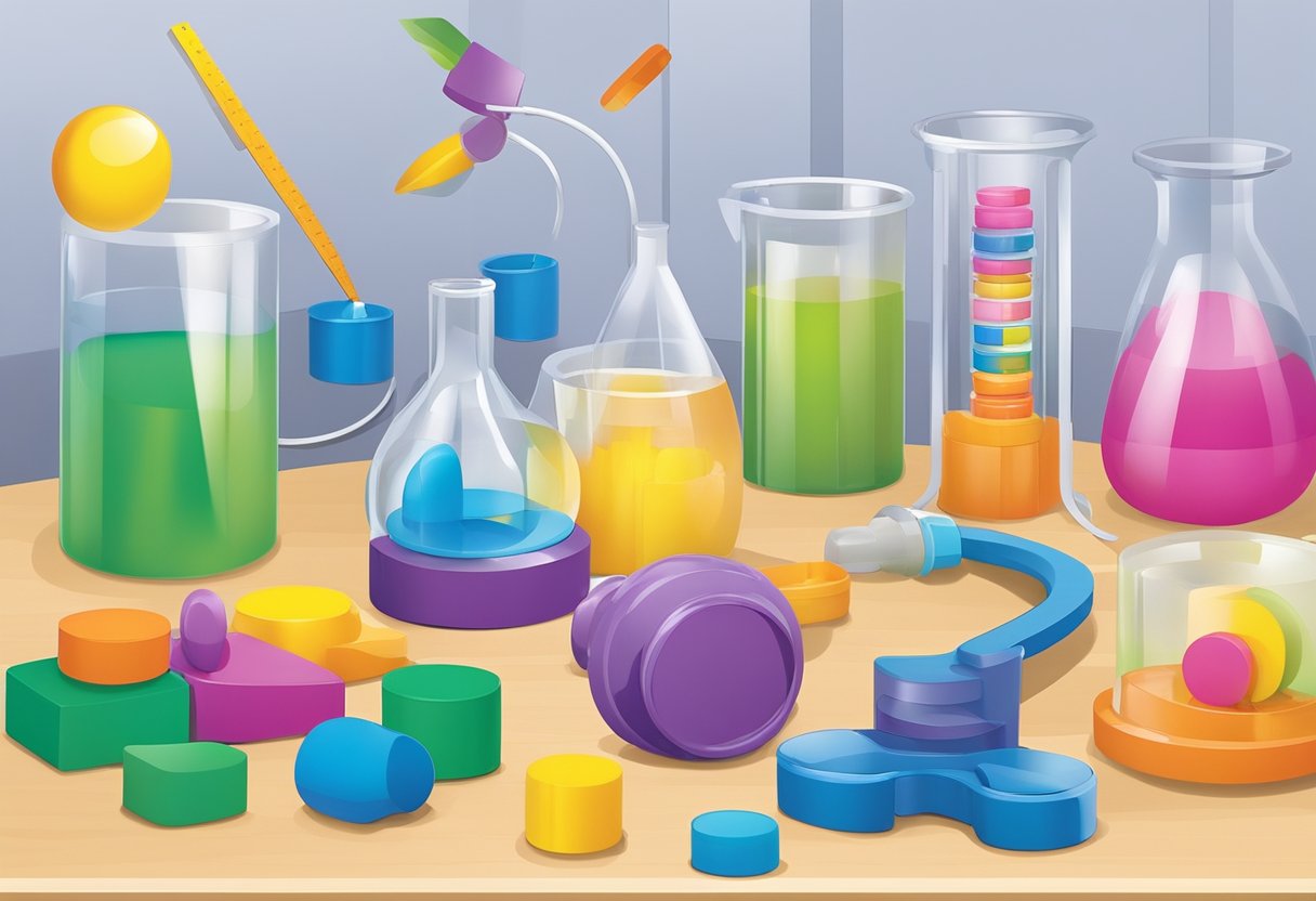 A colorful array of educational and sensory toys being tested for safety compliance in a laboratory setting. Various tests and measurements being conducted to ensure adherence to safety standards
