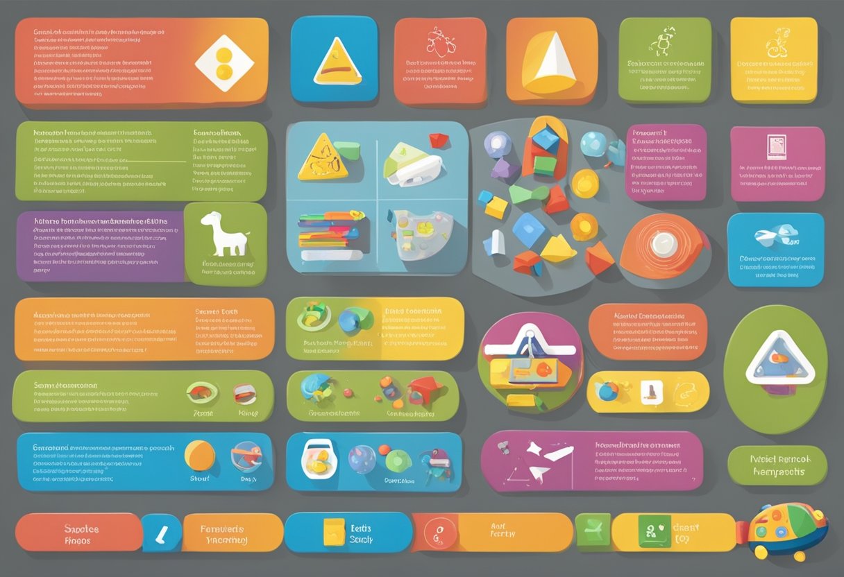 A table filled with various educational and sensory toys, each labeled with safety standards symbols and markings