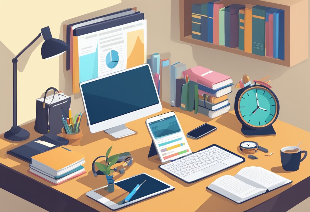 A desk with a laptop, tablet, and smartphone surrounded by books and study materials. A clock on the wall shows the time