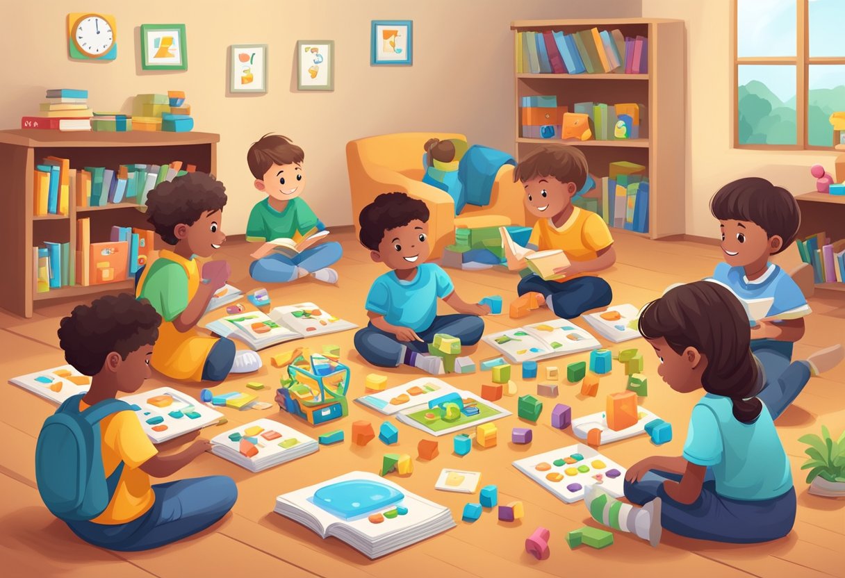 Building Strong Literacy Skills with Educational Toys: A Guide for Parents Educational Toys,literacy skills LearningMole Children playing with educational toys, practicing phonics and spelling skills. Books, flashcards, and interactive games are scattered around the room