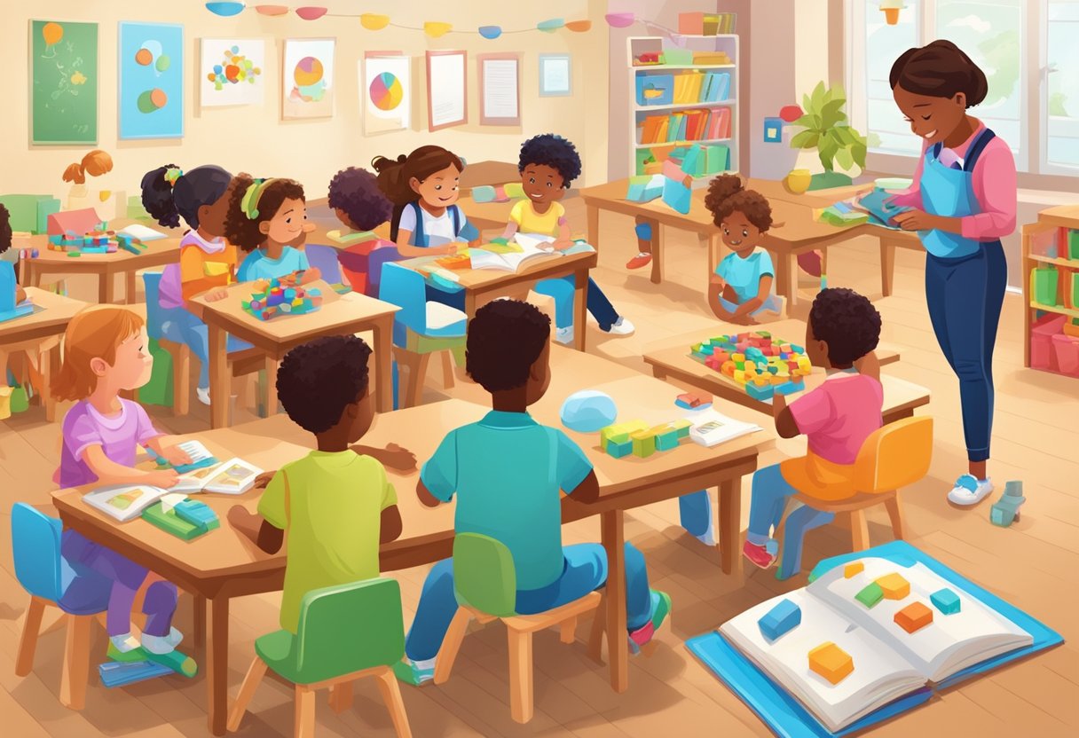 Building Strong Literacy Skills with Educational Toys: A Guide for Parents Educational Toys,literacy skills LearningMole A classroom with children using educational toys to learn literacy and STEM concepts. Books and toys are scattered on tables with kids engaged in hands-on activities