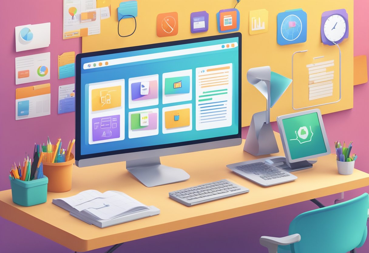 Digital Classrooms: Essential Strategies for Teachers in Online Learning Environments DIGITAL CLASSROOM, online learning, online class, digital LearningMole A computer screen displays a digital classroom with colorful icons and organized folders. A teacher's desk is shown with a neatly arranged array of digital tools and resources