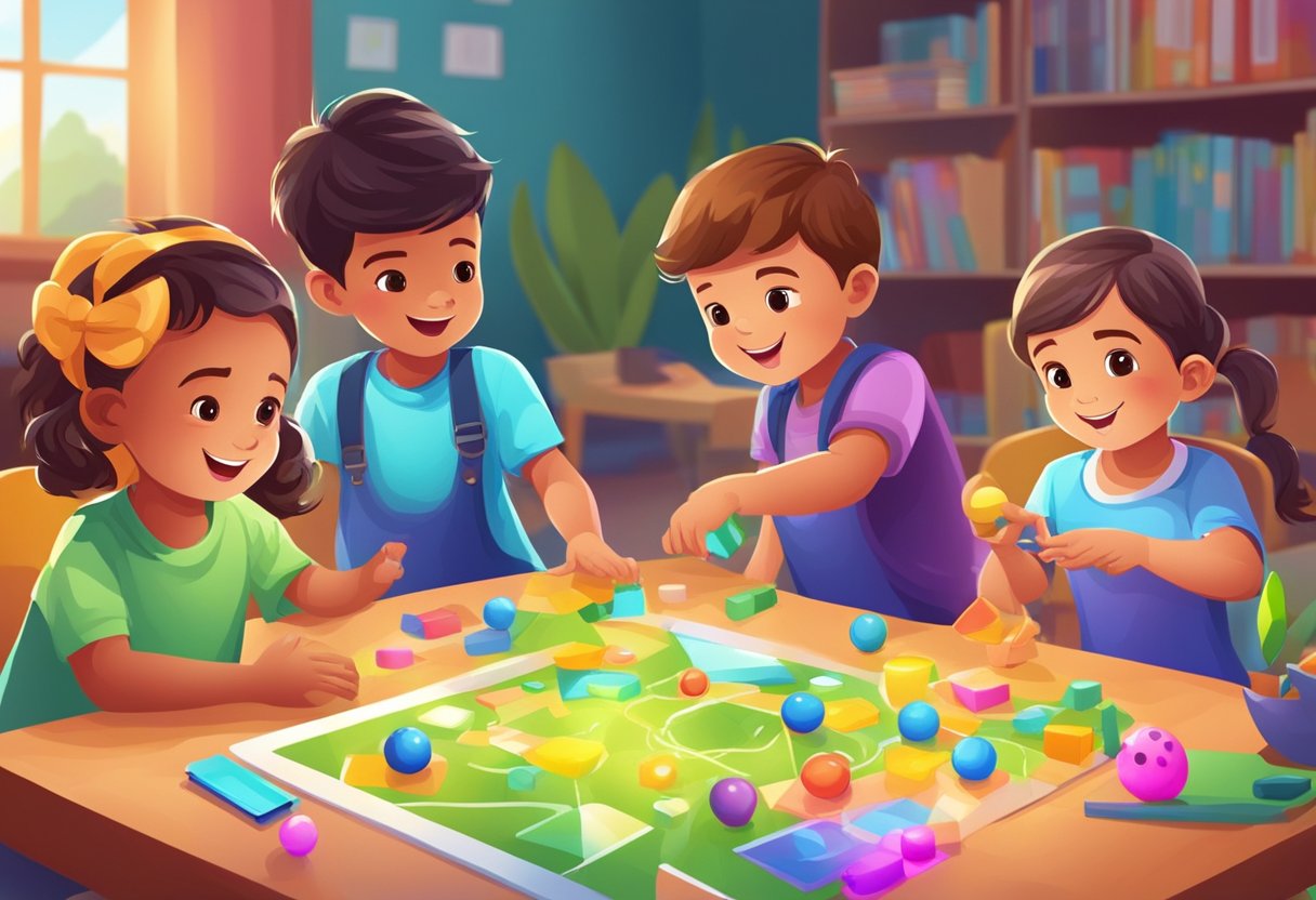 Educational Games: How to Choose the Right Games for Your Kids educational games LearningMole Children playing educational games, engaged and focused. Bright colors, playful environment, and interactive technology. A mix of excitement and learning