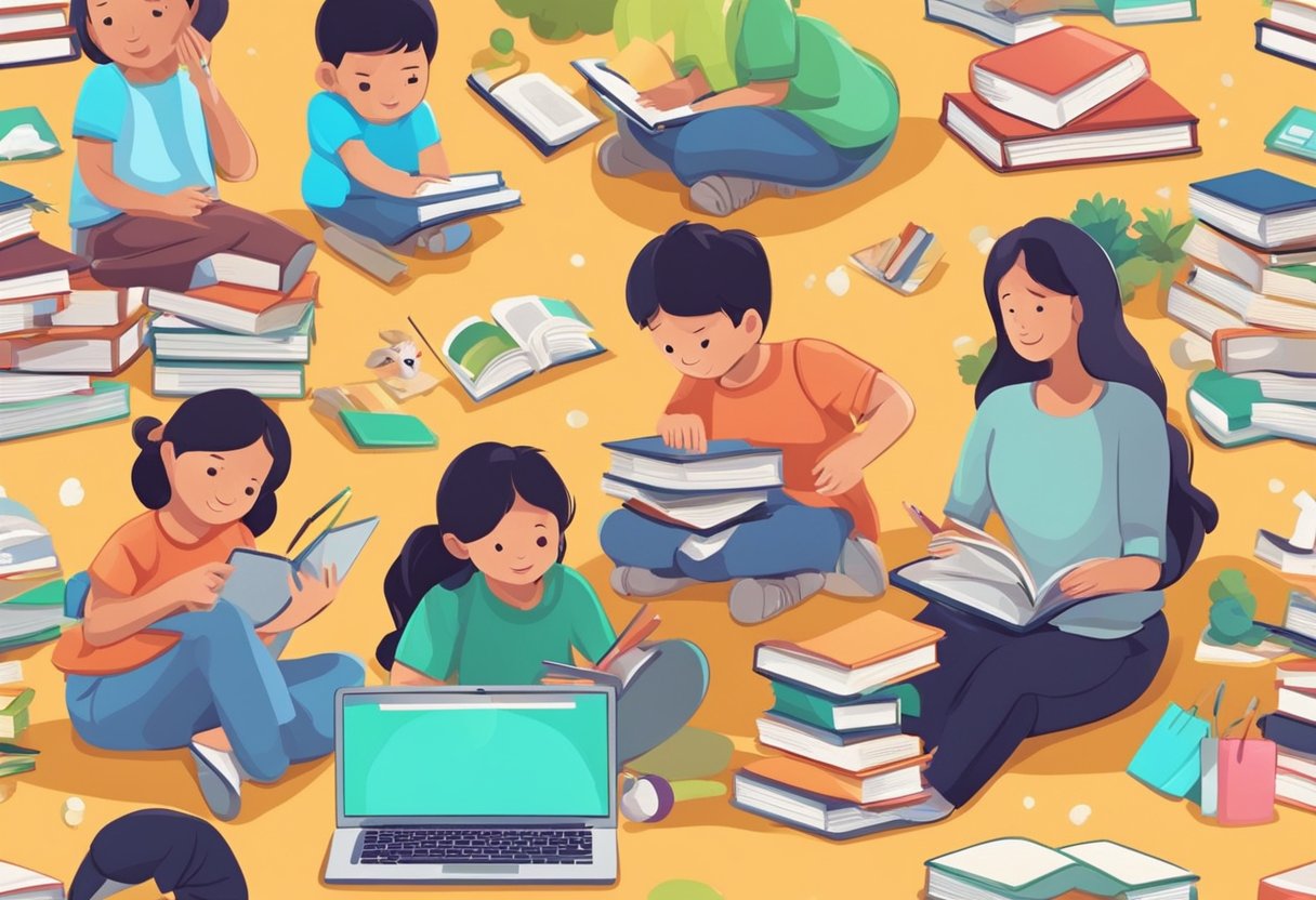 Educational Games: How to Choose the Right Games for Your Kids educational games LearningMole Children playing educational games on devices, surrounded by books and learning materials. A parent or educator guiding them through the selection process