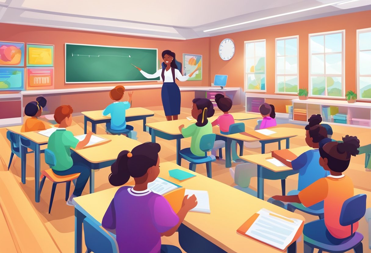 A colorful classroom with interactive learning tools and engaged students. The teacher uses innovative teaching methods to enhance the curriculum