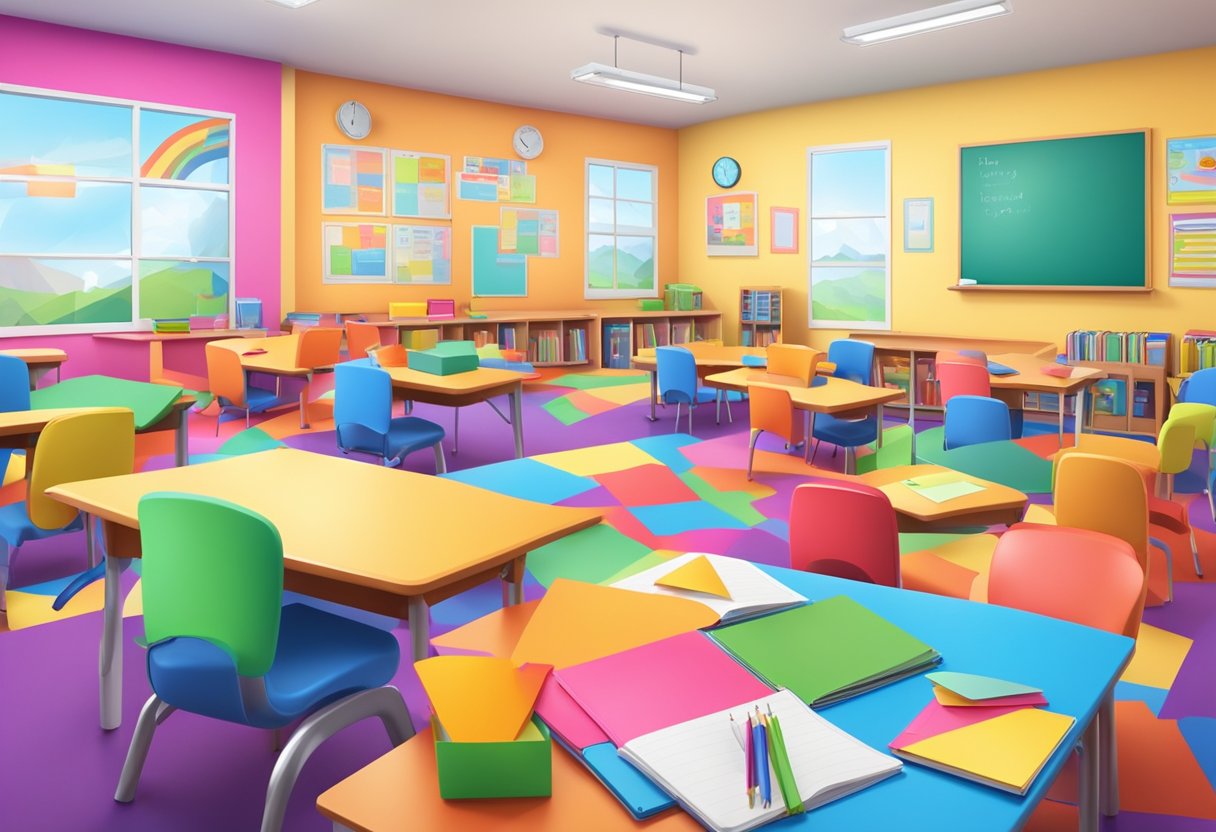 A colorful classroom with diverse teaching materials and interactive tools scattered around, creating an engaging and dynamic learning environment