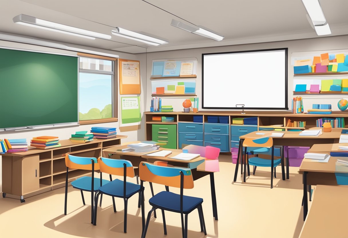 Transform Your Teaching: Best Professional Development Tips for Primary Educators Professional development LearningMole A classroom with diverse teaching materials and resources organized on shelves, a whiteboard filled with colorful visual aids, and a welcoming environment with comfortable seating for professional development sessions
