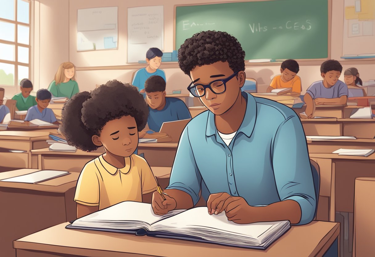 A student with dyslexia struggles to read while a teacher offers support and understanding. Visual aids and personalized learning materials are used