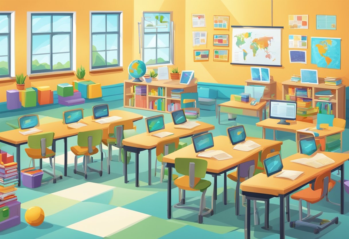A classroom with organized desks, colorful educational posters, and interactive learning materials