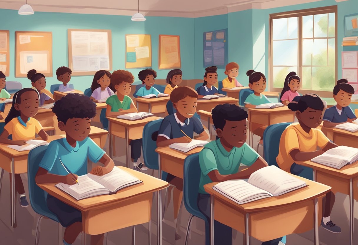 The Role of Mindset in Student Resilience and Perseverance: Fostering Grit in Education mindset LearningMole A classroom with diverse students facing challenges, showing determination and resilience. Books, study materials, and positive affirmations are visible