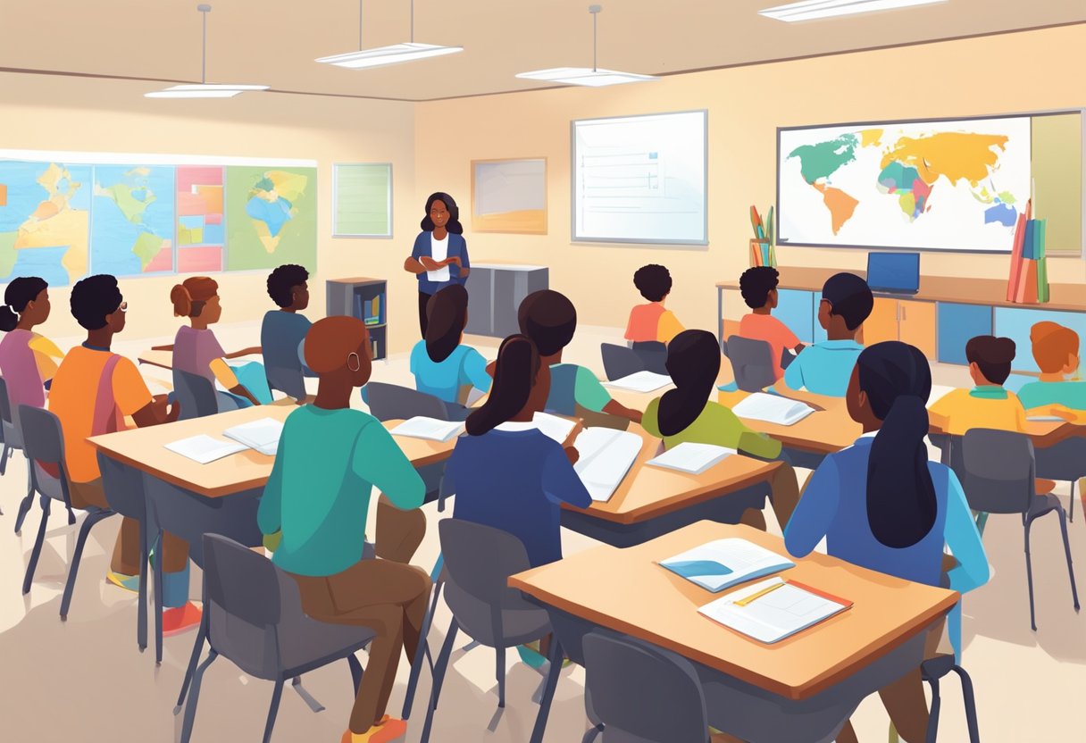 A classroom with diverse learning materials and tools, students engaged in group discussions, and a teacher facilitating critical thinking activities