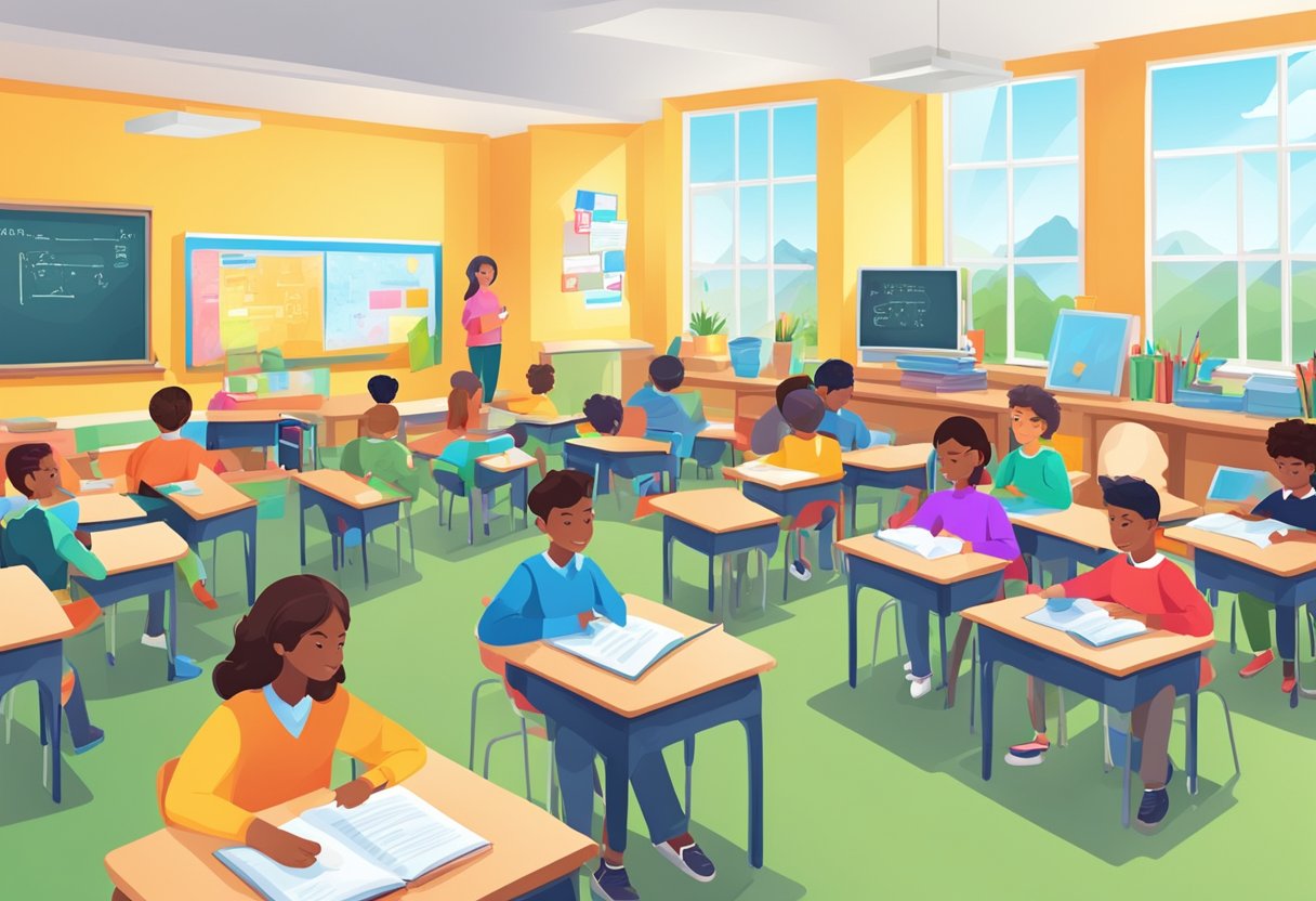 A classroom with colorful educational materials, interactive learning tools, and engaged students