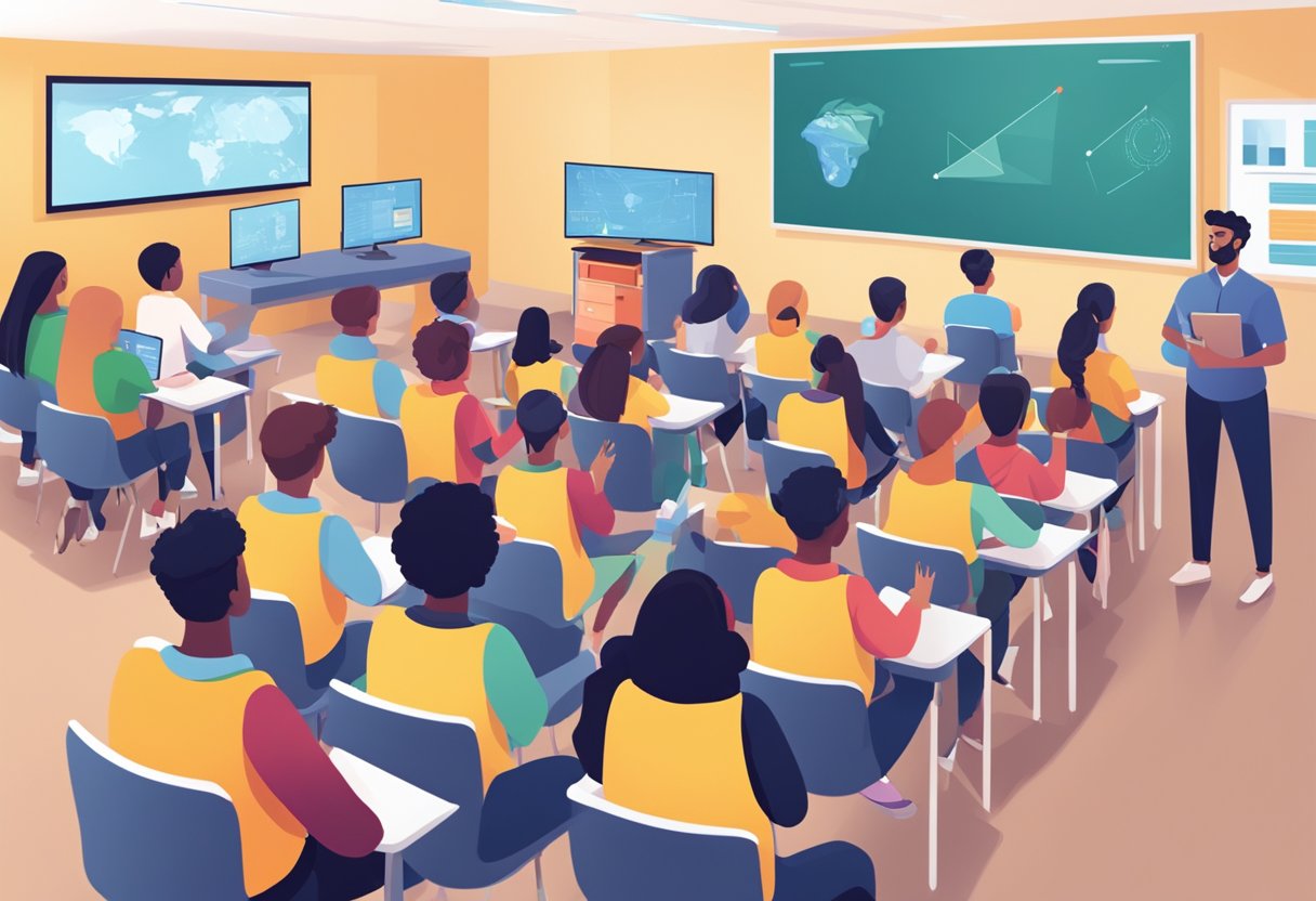 A classroom with students engaged in interactive technology, showing improved attention and learning. Screens display educational content, while students use devices