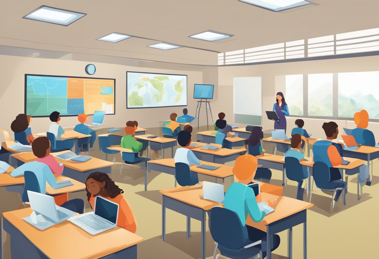 A classroom with students engaged in technology, some distracted. A teacher presents solutions to improve student attention and learning