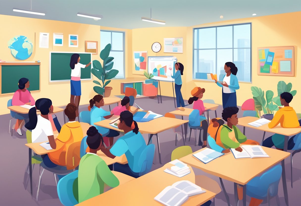 Bright classroom with diverse learning materials, such as books, charts, and interactive tools. Students engaged in collaborative activities, applying knowledge across subjects