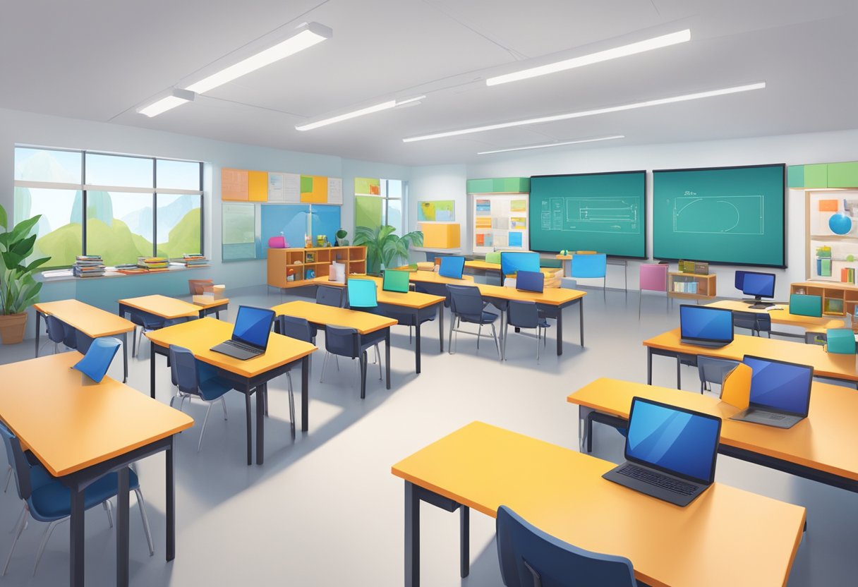 A classroom with diverse learning materials, interactive displays, and collaborative workspaces, promoting exploration and application of knowledge across subjects