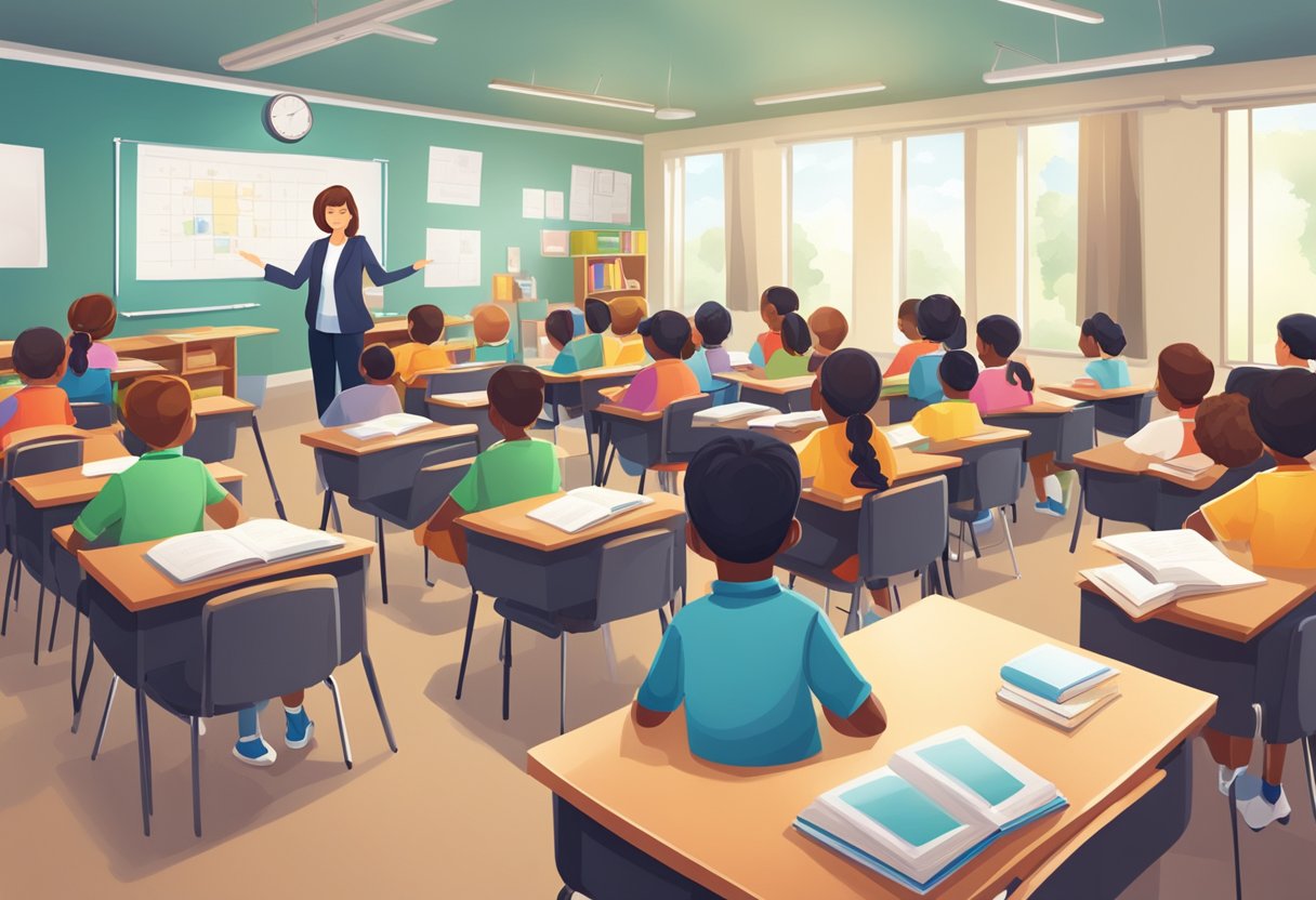 A classroom with various learning materials and tools arranged in an organized manner, with a teacher actively engaged in guiding and facilitating students' transfer of learning strategies