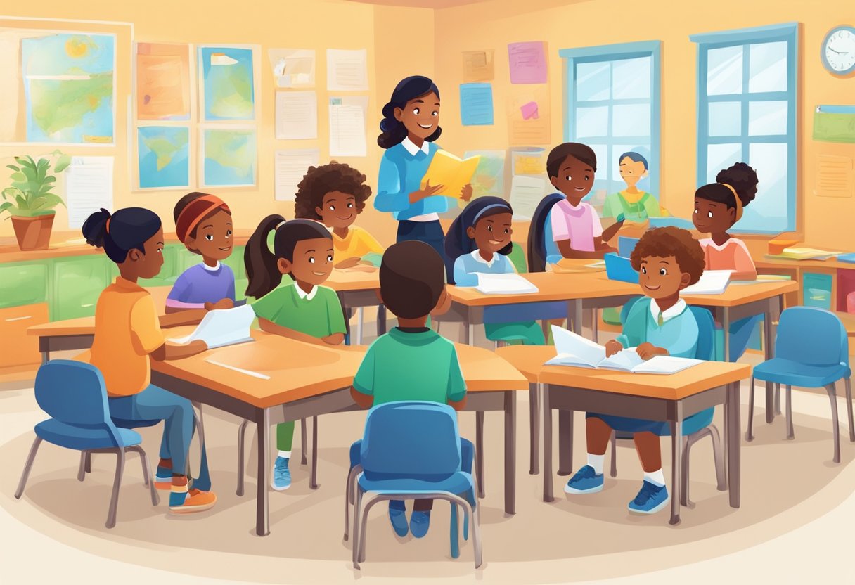 A colorful classroom with diverse students engaging in group activities, displaying teamwork and problem-solving skills. The teacher provides guidance and support, creating a positive and nurturing environment