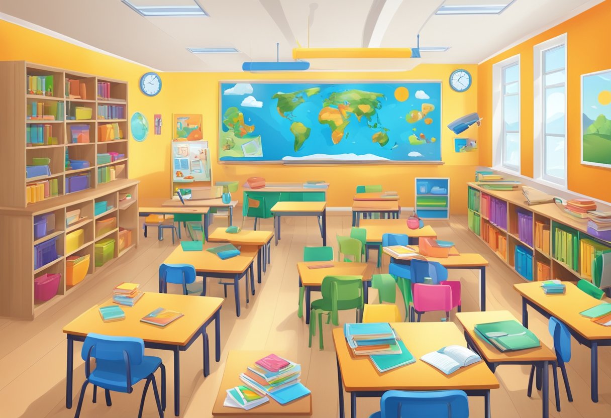 A colorful classroom with diverse learning materials and interactive activities promoting resilience and emotional well-being for primary school students