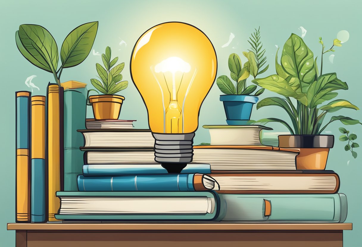A bright light bulb illuminates a stack of books, surrounded by various learning tools and plants, symbolizing the importance of intrinsic motivation in lifelong learning