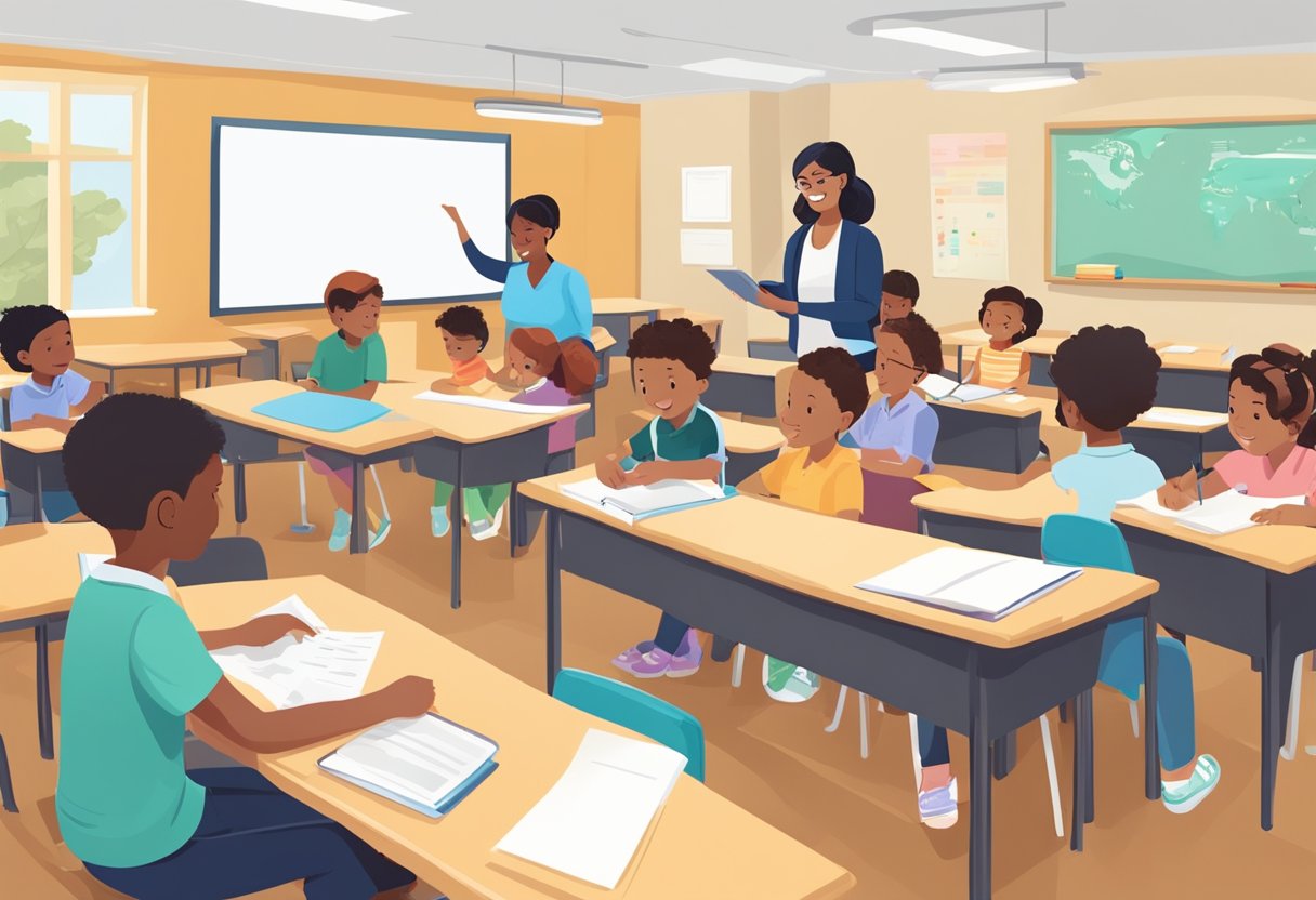 A classroom with diverse age groups engaged in hands-on activities, while the teacher observes and uses informal assessments to gauge student understanding