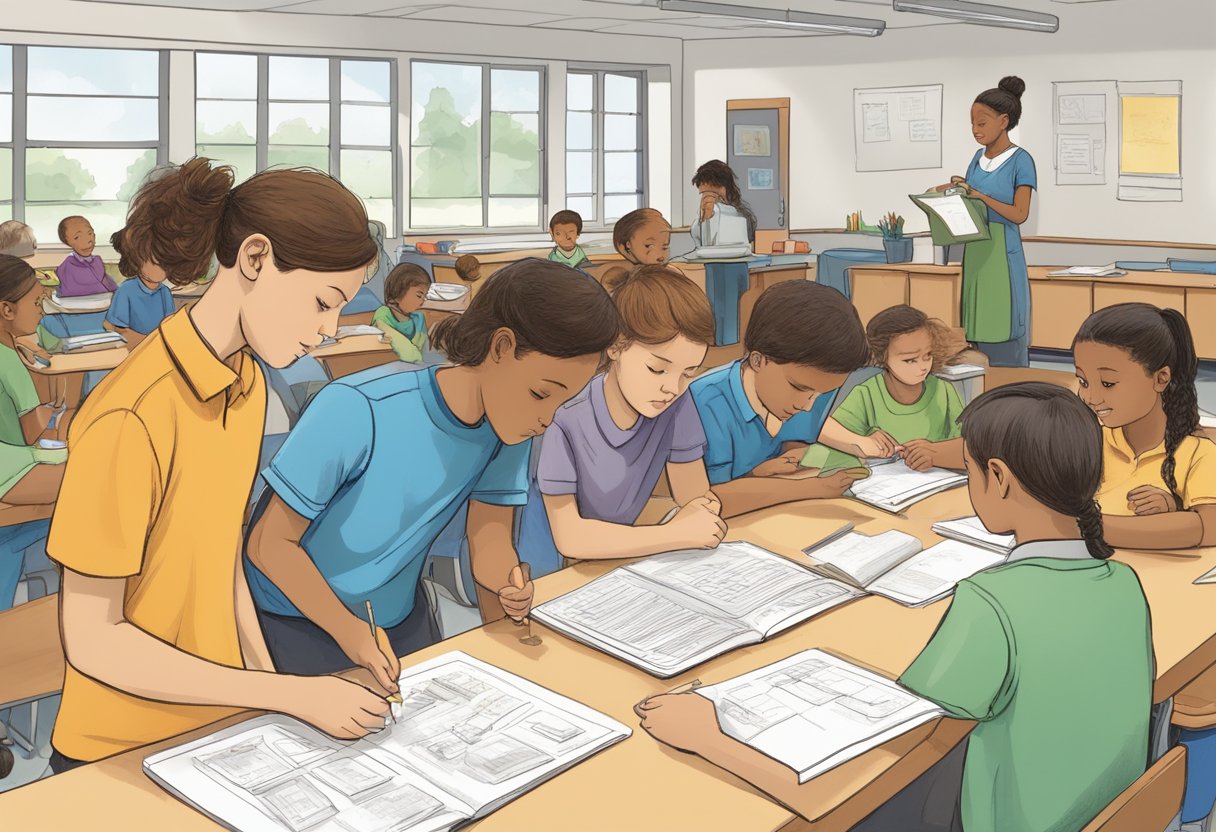 Students engaged in hands-on activities, discussions, and quizzes. The teacher observes and records their responses to assess understanding
