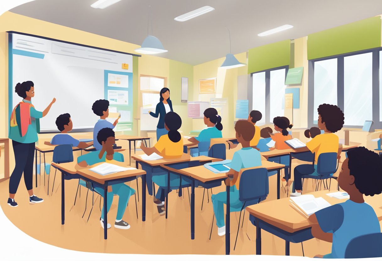 Formative Assessment Strategies for English Language Learners: Enhancing Classroom Success Formative Assessment LearningMole A classroom with diverse language resources, students engaged in group activities, and teachers providing feedback