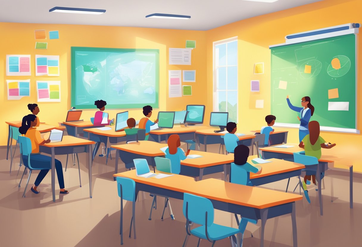 Bright, colorful classroom with students' work displayed. Peer assessment charts and collaborative learning materials are visible. Engaged and motivated atmosphere evident
