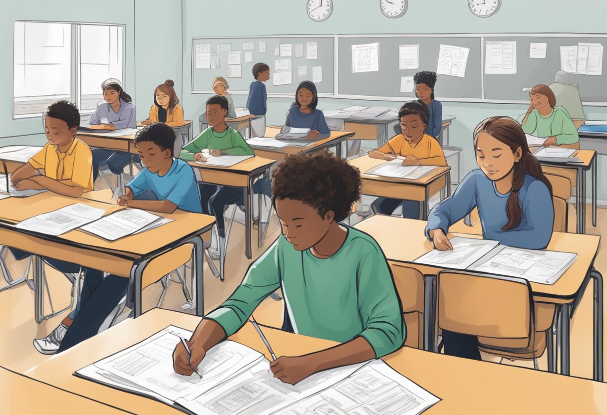 Students' work displayed with clear criteria rubrics and peer assessment forms on desks. Teacher observes and guides the process