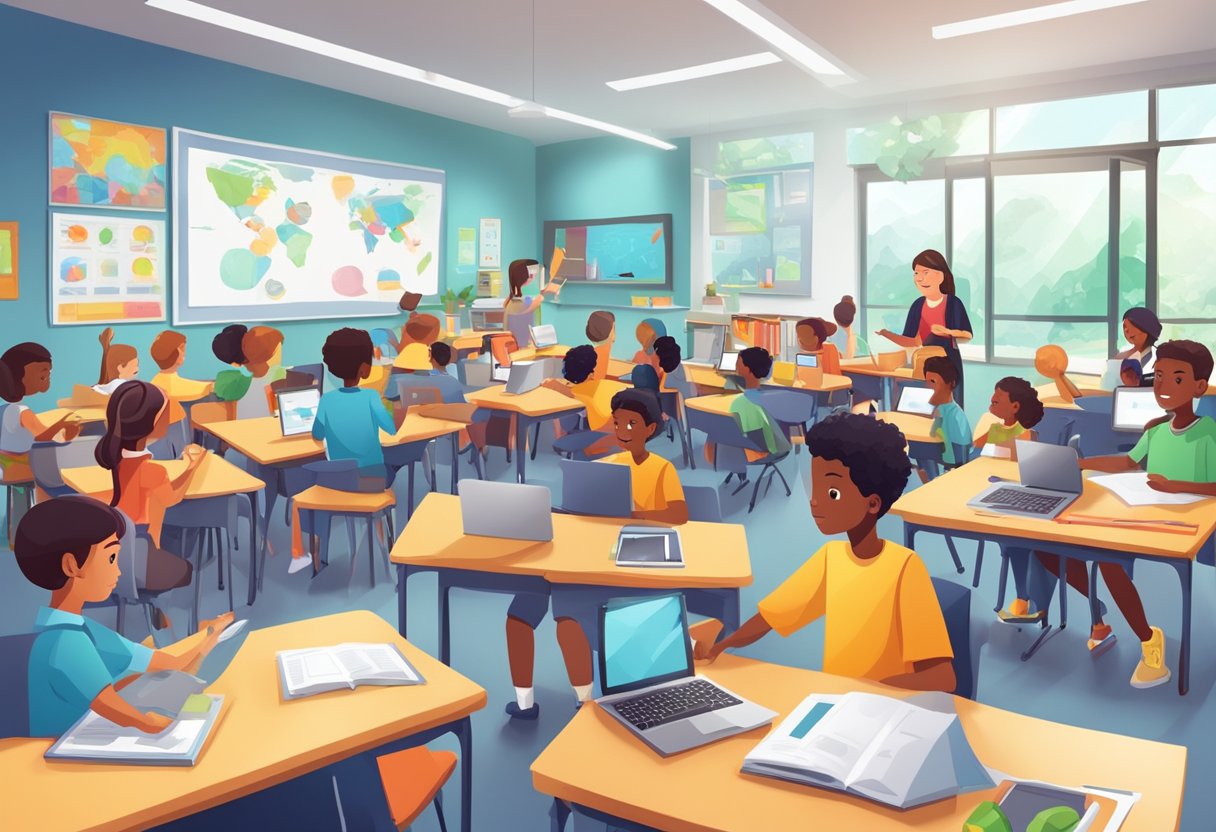 Harnessing Digital Tools: Enhancing Tech Skills for Primary School Teachers Digital Tools, teaching LearningMole A classroom setting with digital devices and educational tools displayed, surrounded by enthusiastic primary school educators engaging in tech skills enhancement activities