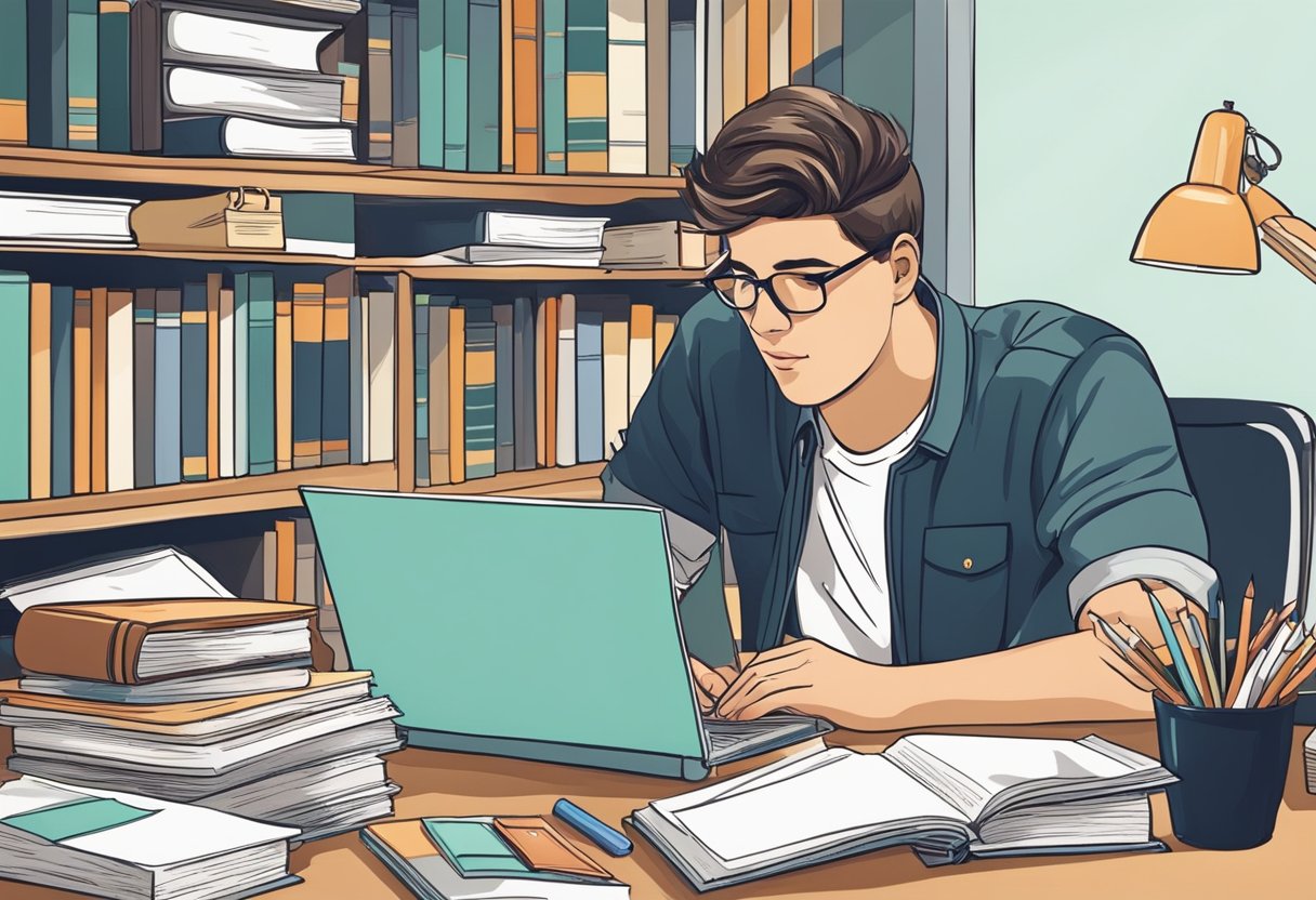 A student sitting at a desk, surrounded by books and papers, reflecting on their progress and setting goals for improvement