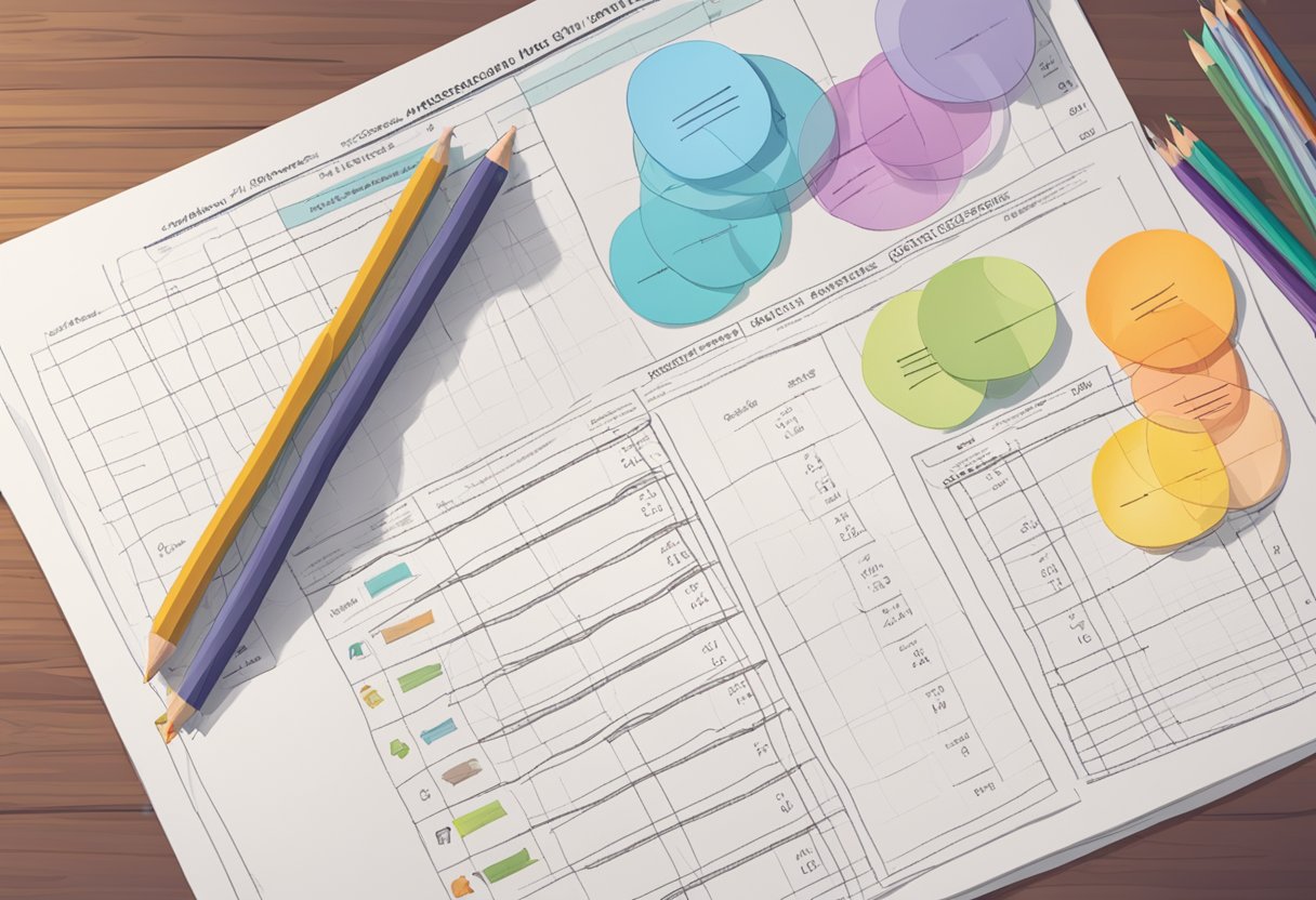 A stack of papers with self-assessment rubrics and student work, a pencil marking scores, and a chart showing improvement over time