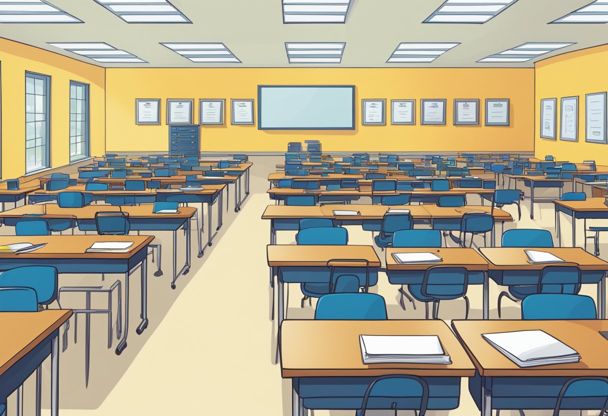 The Role of Consistency in Classroom Management: Key for Effective Learning Environments Consistency, Classroom Management LearningMole Students' desks aligned in rows, each with identical supplies neatly arranged. A clock on the wall shows the same time every day