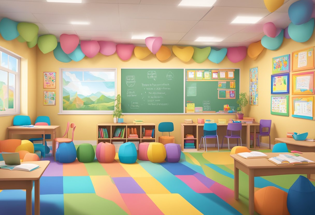 A classroom with colorful decorations, cozy reading nooks, and student artwork displayed. Family photos and positive affirmations adorn the walls